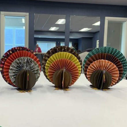 Handcrafted paper turkeys made by Concordia at Sumner residents in 2022.